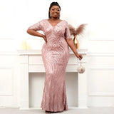 Plus Size White Sequin Dress V Neck Evening Dress Half Sleeve Formal Party Maxi Dress Long Prom Dress