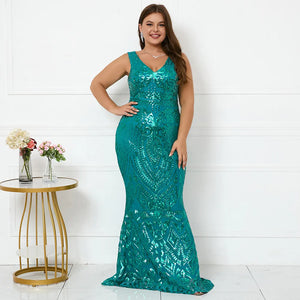 Plus Size Sexy V Neck Stretch Dress Green Sequin Evening Dress Elegant Sleeveless Party Maxi Dress Long Prom Dress