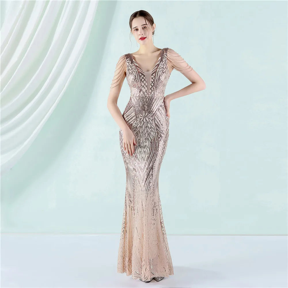 Women Beading Long Prom Dress Deep V Neck Black Sequin Evening Sexy Party Maxi Dress