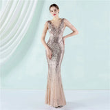 Women Beading Long Prom Dress Deep V Neck Black Sequin Evening Sexy Party Maxi Dress