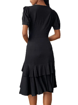2024 High Low Solid Vintage Pencil Dress Irregular Hem Ruffle Hem Elegant Summer Short Sleeve Bandage Sheath Dresses