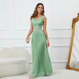 Ruched Lace Chiffon Formal Evening Dress Elegant V Neck Beading Party Gown