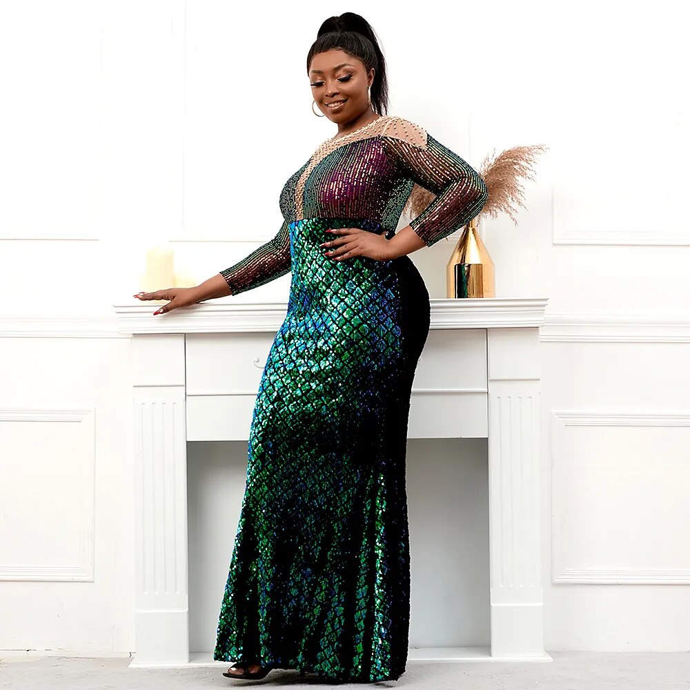 Plus Size Stretch Green Sequin Dress Pearls Full Sleeve See Through Mermaid Evening Night Long Party Maxi Dress