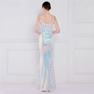 Women Strap Party Maxi Dress Sexy V Neck Beading Evening Celebrity White Sequin Long Prom Dress