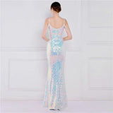 Women Strap Party Maxi Dress Sexy V Neck Beading Evening Celebrity White Sequin Long Prom Dress