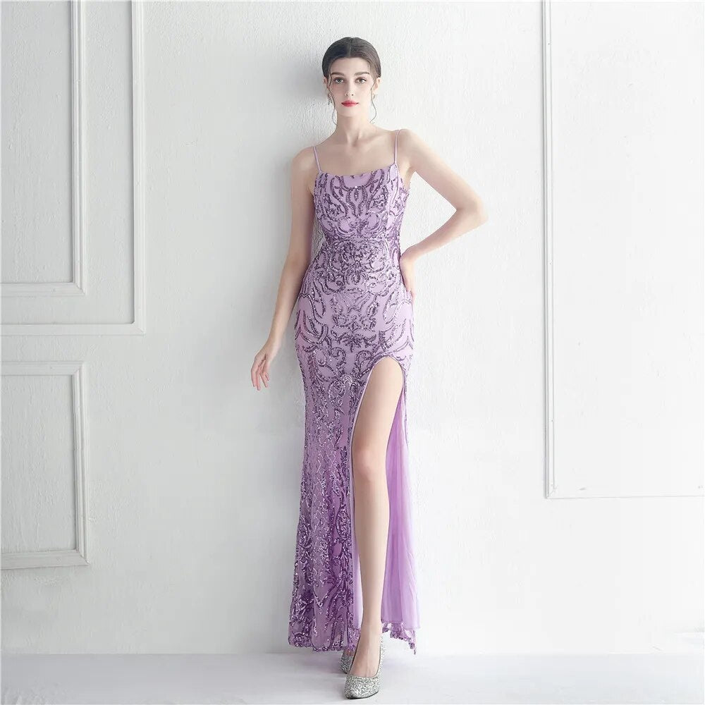 Backless Sexy Slit Long Sequin Evening Luxury Beading Stretch Sleeveless Cocktail Party Prom Dress
