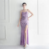 Backless Sexy Slit Long Sequin Evening Luxury Beading Stretch Sleeveless Cocktail Party Prom Dress