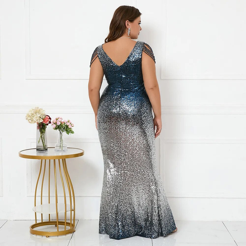 Plus Size Women Blue Silver Sequin Beading Evening Dress Elegant V Neck Party Maxi Dress Long Prom Dress