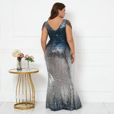 Plus Size Women Blue Silver Sequin Beading Evening Dress Elegant V Neck Party Maxi Dress Long Prom Dress