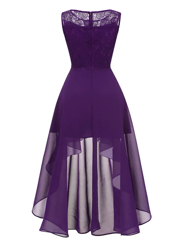 Lace Elegant Party Evening Robe Women Chiffon High Low Hem Maxi Dress O-Neck Sleeveless Summer Vintage Ladies Dresses