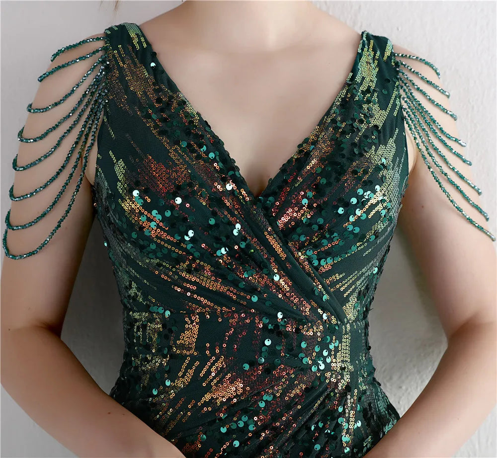 Green Sequin V Neck Beading Evening Dress Sexy Slit Party Maxi Dress Women Long Prom Dress