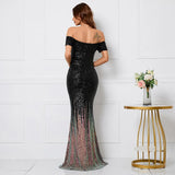 Women Elegant Boat Neck Party Maxi Dress Off Shoulder Green Sequin Evening Long Prom Dress