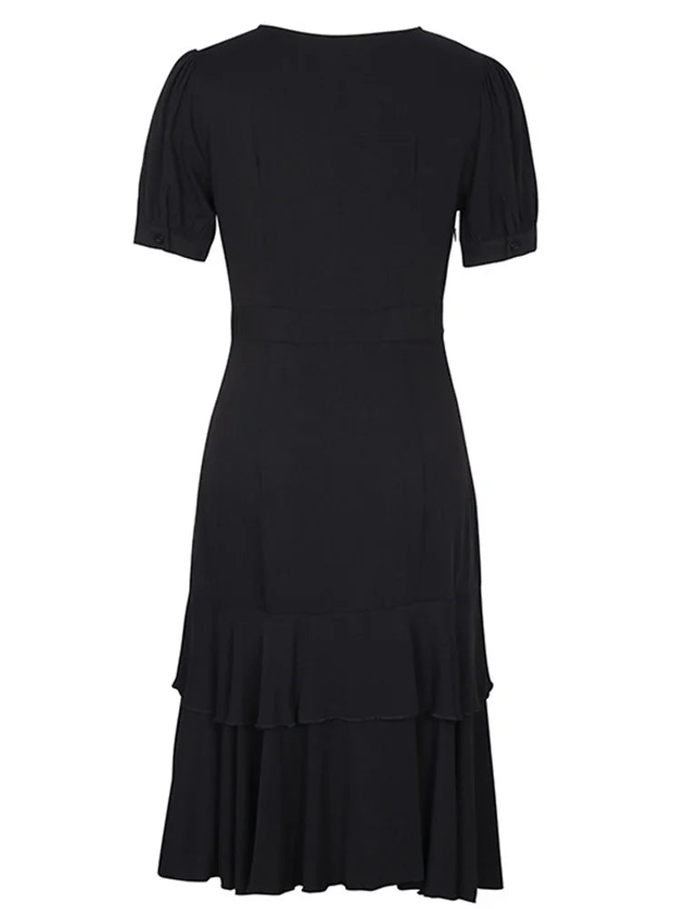2024 High Low Solid Vintage Pencil Dress Irregular Hem Ruffle Hem Elegant Summer Short Sleeve Bandage Sheath Dresses