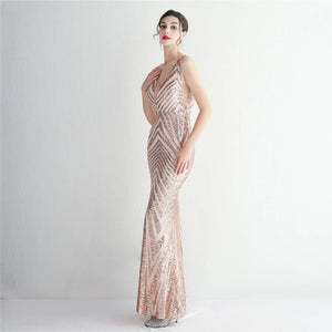 Women Long Prom Dress Deep V Neck Gold Sequin Evening Sexy Party Maxi Dress