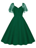 Elegant Green Solid Color Birthday Dress V-Neck Mesh Sleeve Evening Cocktail Party Women Vintage Swing Dresses