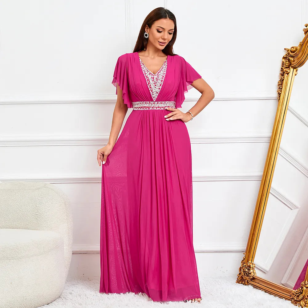 Women Tulle Long Prom Dress V Neck Beading Evening Elegant Party Maxi Dress