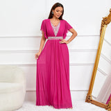 Women Tulle Long Prom Dress V Neck Beading Evening Elegant Party Maxi Dress