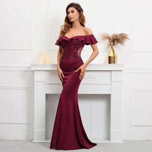 Soft Satin See Through Appliques Beading Long Evening Dress Elegant Off Shoulder Party Maxi Long Prom Dress