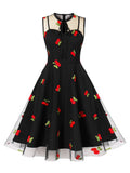 Cherry Embroidered Mesh Black Dresses for Women Bow Neck Keyhole Sleeveless Prom Party Elegant Vintage Dresses