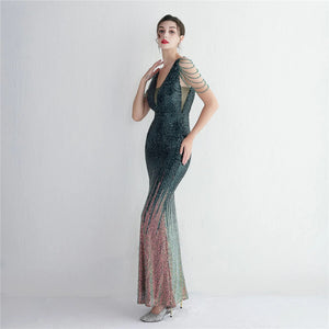 Women Beading Long Prom Dress Deep V Neck Green Sequin Evening Dress Sexy Party Maxi Dress