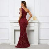 Sexy Slit Burgundy Sequin Women One Shoulder Beading Long Evening Dress Party Maxi Dress