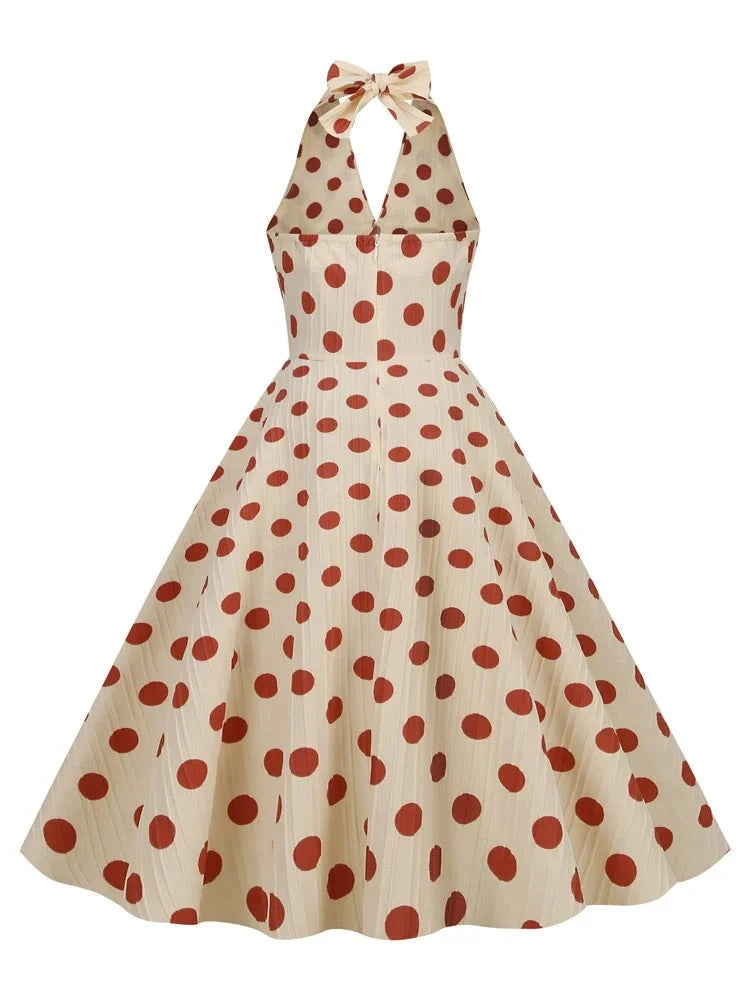 Halter Neck High Waist Polka Dot Vintage Style Vacation Dresses Sexy Backless Evening Party Women Birthday Dress