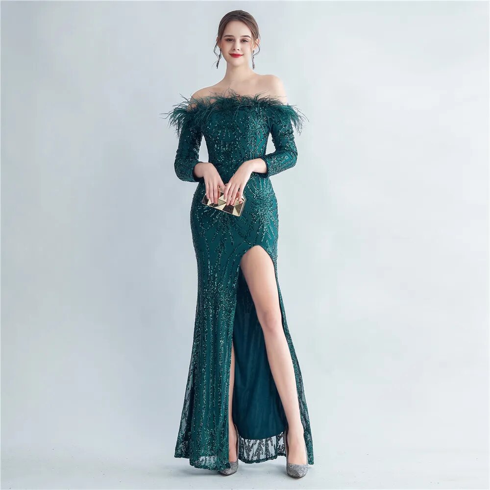 Off Shoulder Feather Sequin Dress Full Sleeve Evening Night Long Party Maxi Dress