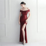 Slash Neck Sexy Slit Long Black Sequin Evening Dresses Luxury Sleeveless Cocktail Party Prom Dress