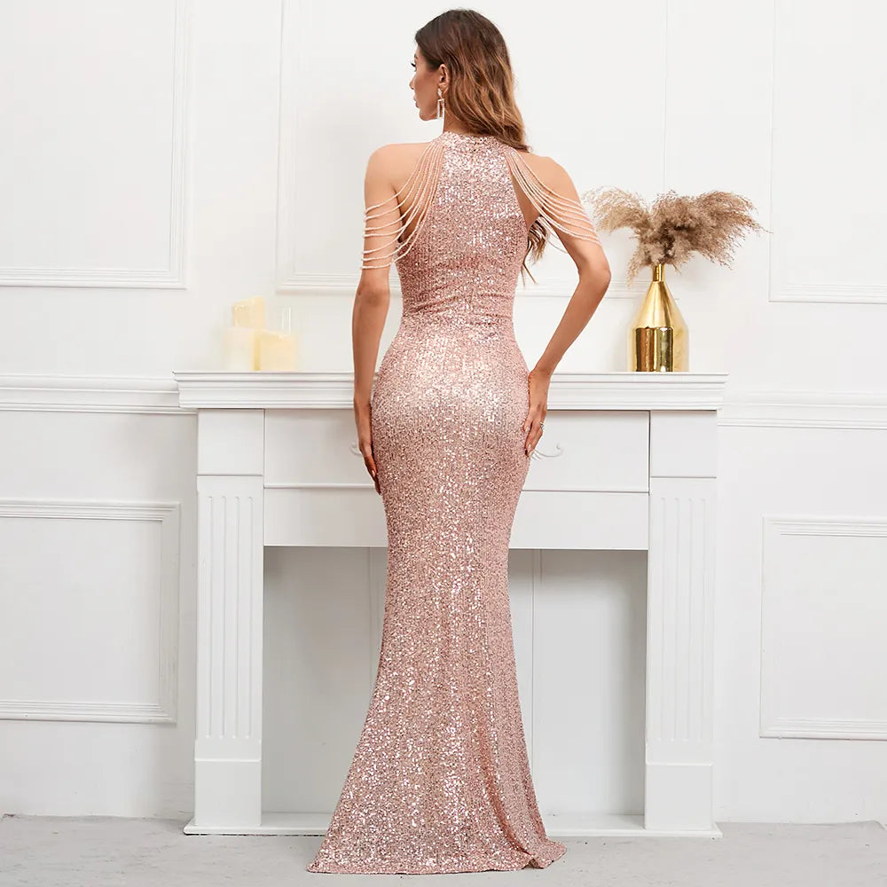 Elegant Off Shoulder Beading Sequin Evening Dress Women Gold Party Bodycon Maxi Long Prom Dress