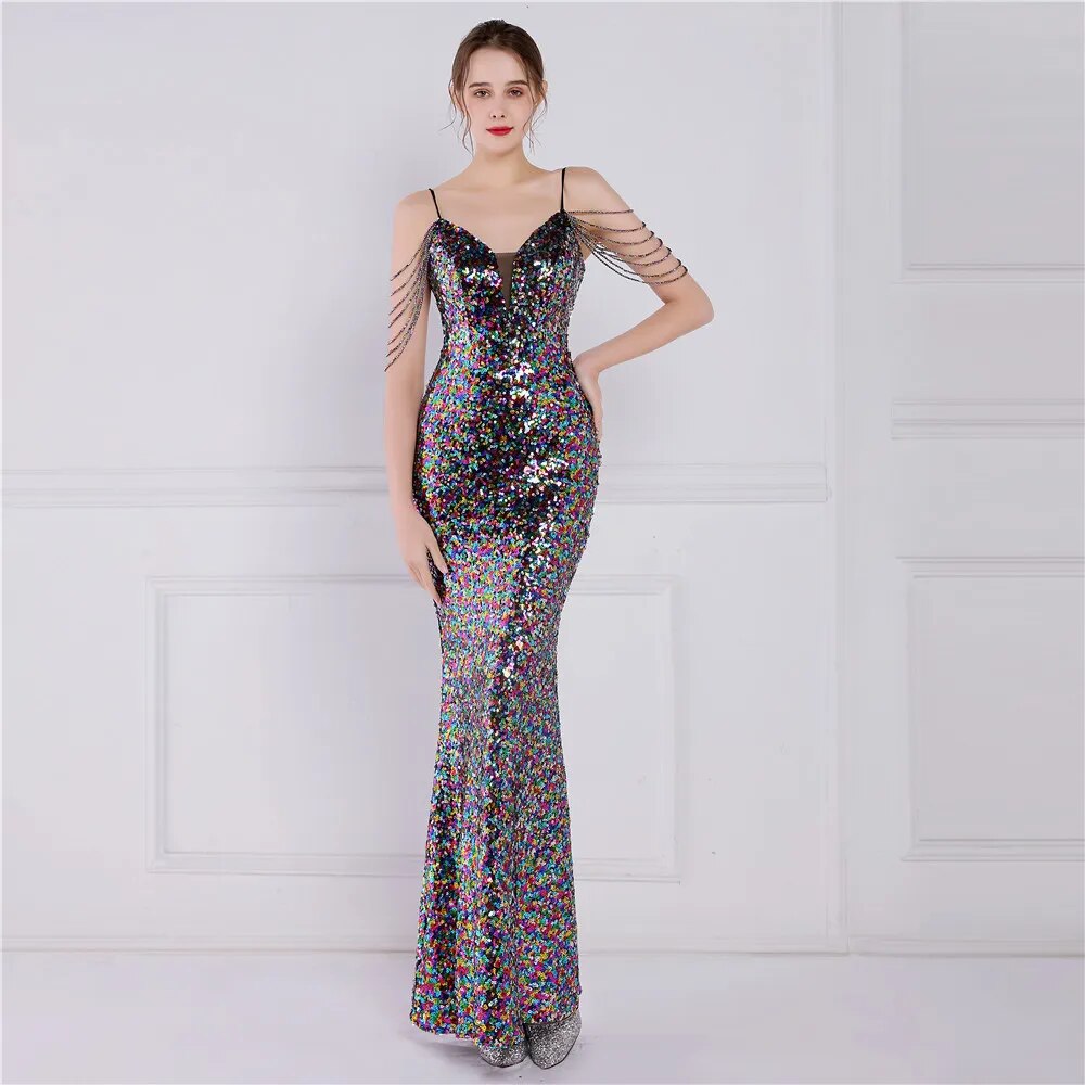 Women Strap Party Maxi Dress Sexy V Neck Beading Evening Dress Celebrity Green Sequin Long Prom Dress