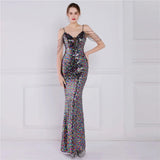 Women Strap Party Maxi Dress Sexy V Neck Beading Evening Dress Celebrity Green Sequin Long Prom Dress