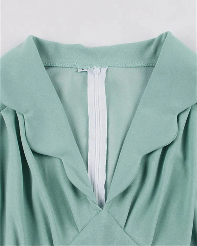 Green Elegant Hepburn Vintage A Line Swing Casual Women Dress Turn Down Collar Holiday Runway Tea Flare Party Evening Dresses