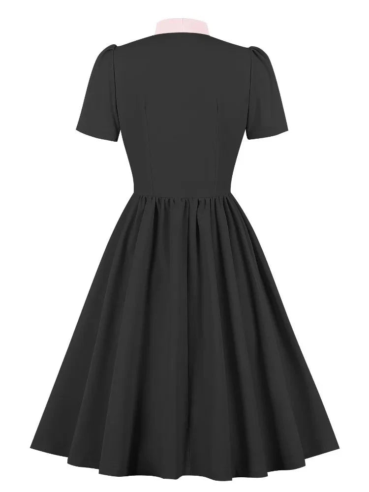 2024 Elegant Casual Vintage Swing Women's Dress with Bow Neck Office A Line Single Breasted Button Runway 50s 60s Party Dresses