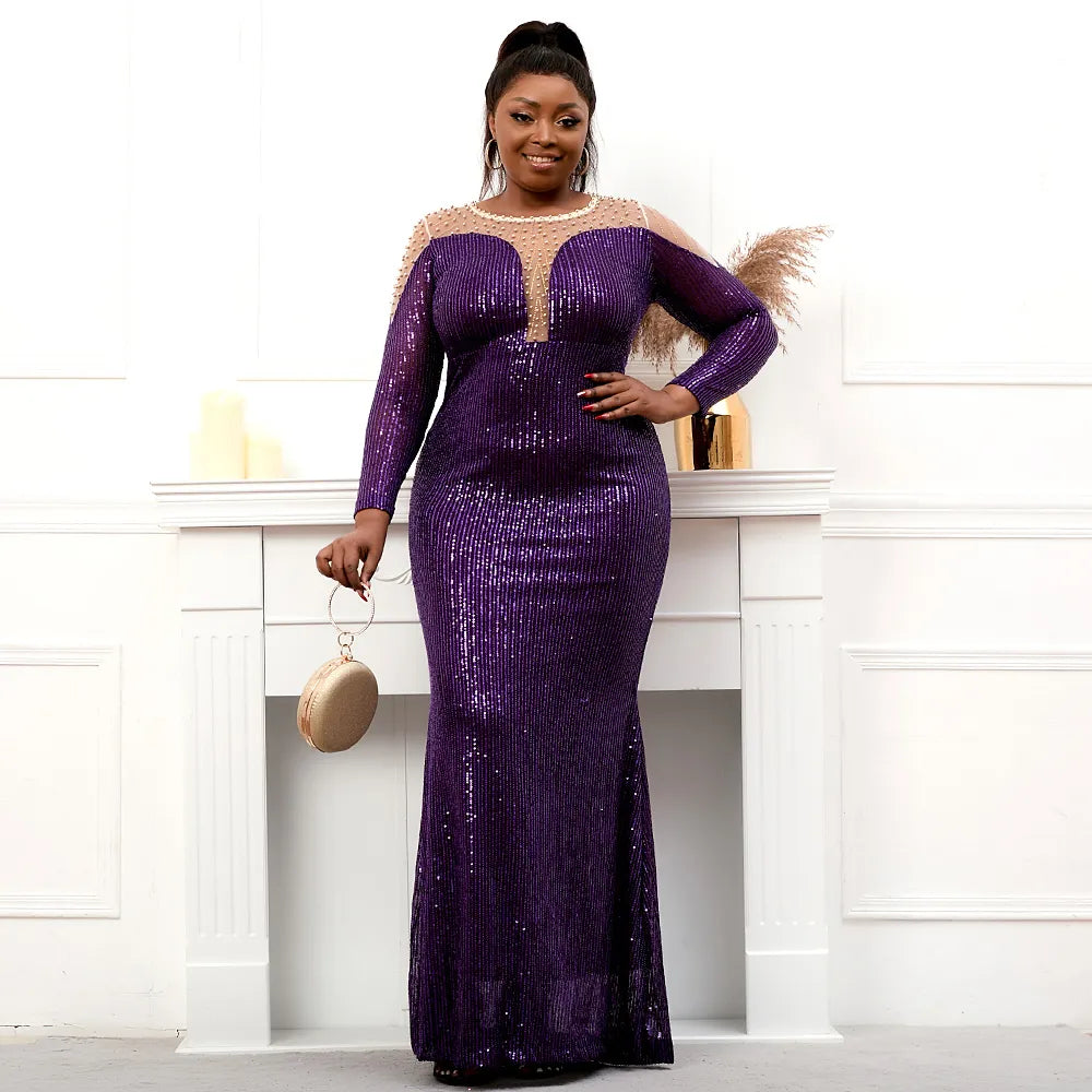 Plus Size Stretch Purple Sequin Dress Pearls Full Sleeve See Through Mermaid Evening Night Long Party Maxi Dress
