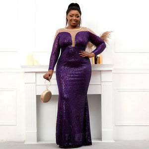 Plus Size Stretch Purple Sequin Dress Pearls Full Sleeve See Through Mermaid Evening Night Long Party Maxi Dress