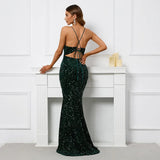 Blue Sequin Backless Sexy Slit Long Party Evening Dresses Luxury V Neck Velvet Stretch Sleeveless Cocktail Prom Dress