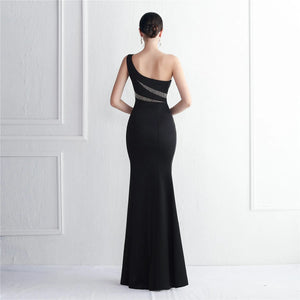 Slash Neck Long Black Women One Shoulder Party Maxi Dress Soft Satin Sexy Slit Evening Dress