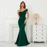 Soft Satin Green Long Evening Elegant Off Shoulder Party Maxi Long Wedding Dress
