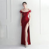 Off Shoulder Feather Party Maxi Dress Women Slash Nech Sexy Slit Long Prom Evening Dress