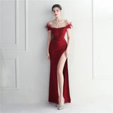 Off Shoulder Feather Party Maxi Dress Women Slash Nech Sexy Slit Long Prom Dress Evening Dress