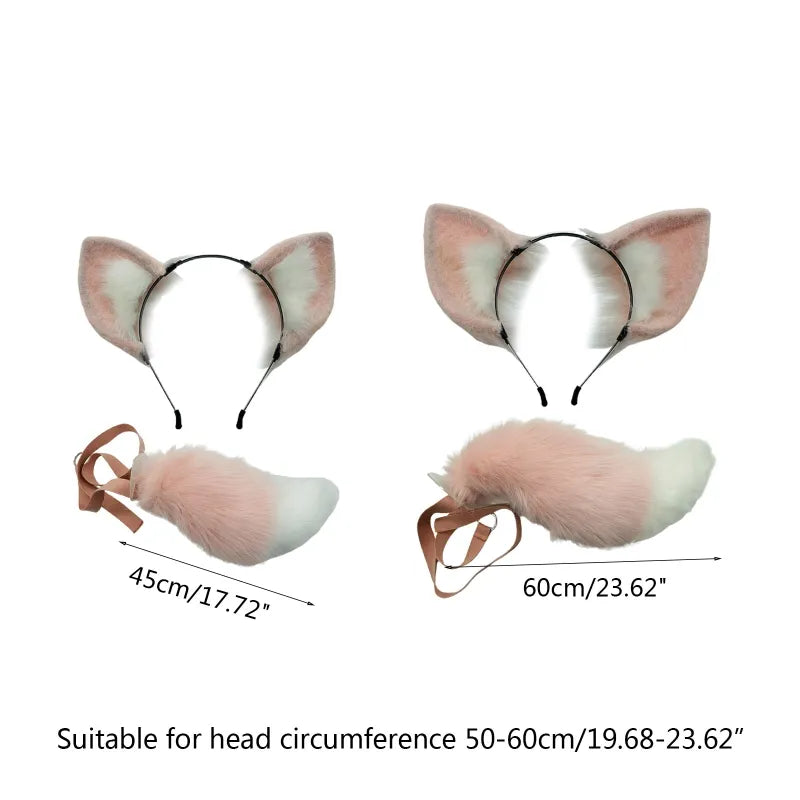Long Fur Fox Ears Anime Cosplay Headband Hairband with Plush Tail Halloween Cosplay Party Costume for Kids Anime Lover