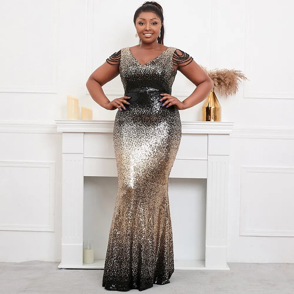 Plus Size Women Blue Red Sequin Beading Evening Dress Elegant V Neck Party Maxi Dress Long Prom Dress