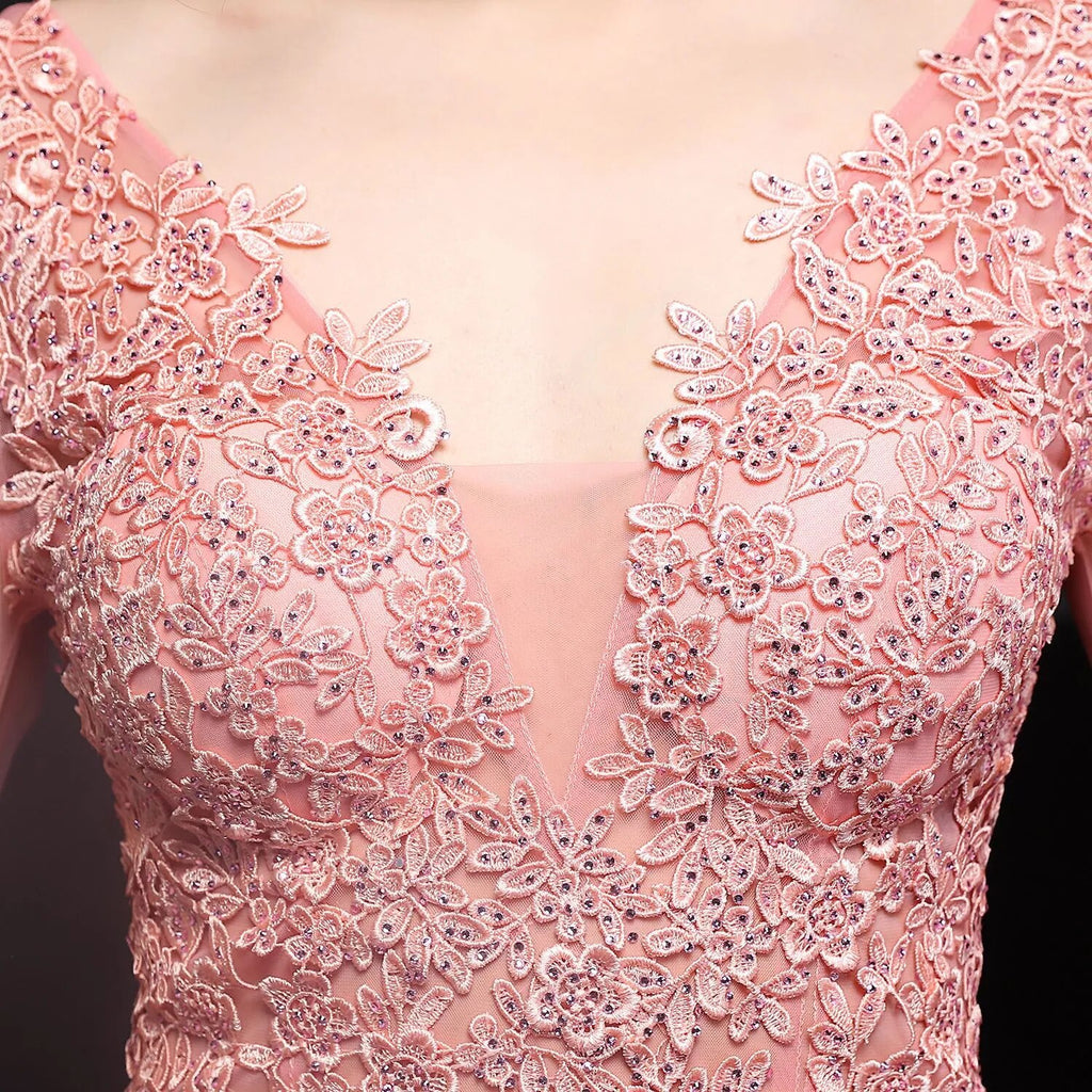 Women Pink Long V-neck Appliques Full Sleeve Evening Dress See through Elegant Party Dress