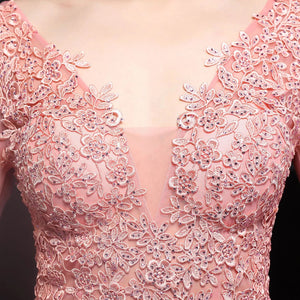 Women Pink Long V-neck Appliques Full Sleeve Evening Dress See through Elegant Party Dress