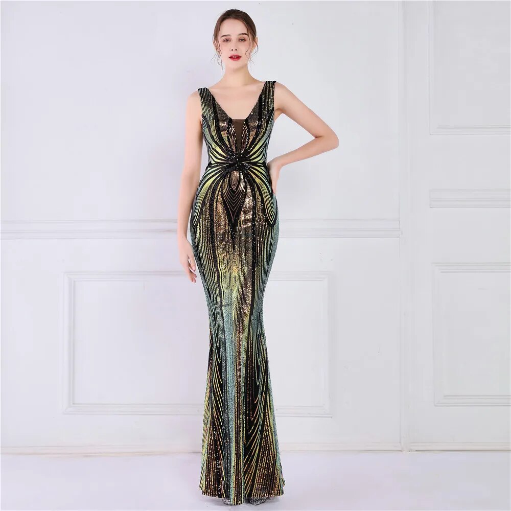 Women Deep V Neck Gold Sequin Dress Long Prom Evening Dress Sexy Party Maxi Dress