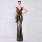 Women Deep V Neck Gold Sequin Dress Long Prom Evening Dress Sexy Party Maxi Dress