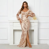 Stretch V Neck Gold Sequin Evening Dress Long Sleeve Mermaid Evening Night Party Maxi Dress