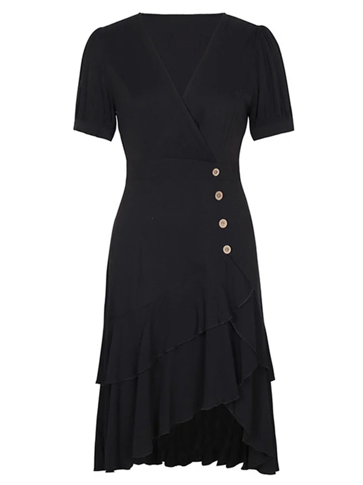 2024 High Low Solid Vintage Pencil Dress Irregular Hem Ruffle Hem Elegant Summer Short Sleeve Bandage Sheath Dresses