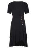 2024 High Low Solid Vintage Pencil Dress Irregular Hem Ruffle Hem Elegant Summer Short Sleeve Bandage Sheath Dresses