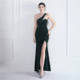 Sexy Slit Black Velour Sequin Evening Women Slash Neck Party Maxi Long Prom Dress